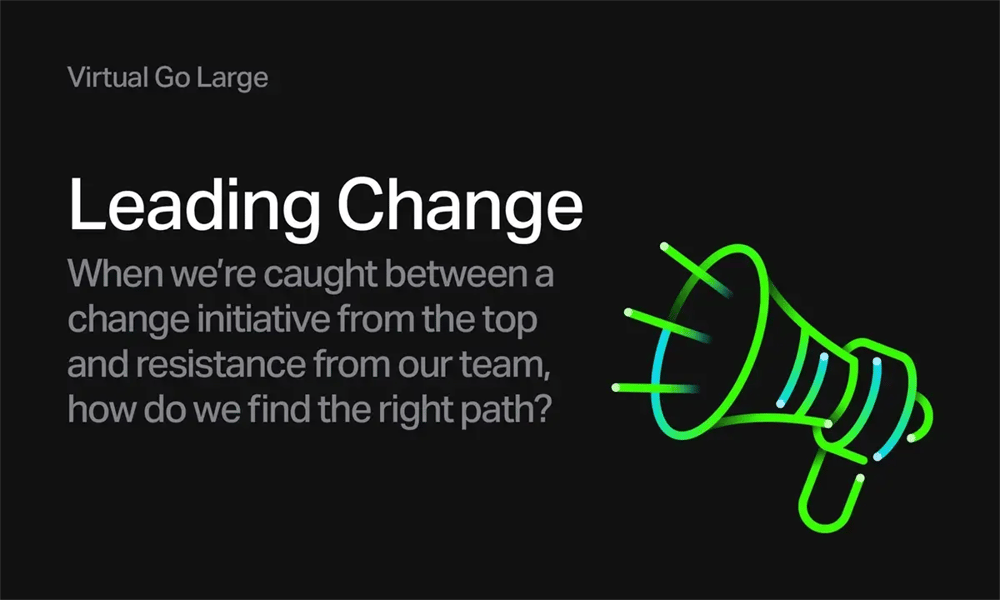 A black image with title 'Leading Change' and text description below on the left side and a blue/green image of a megaphone on the right side